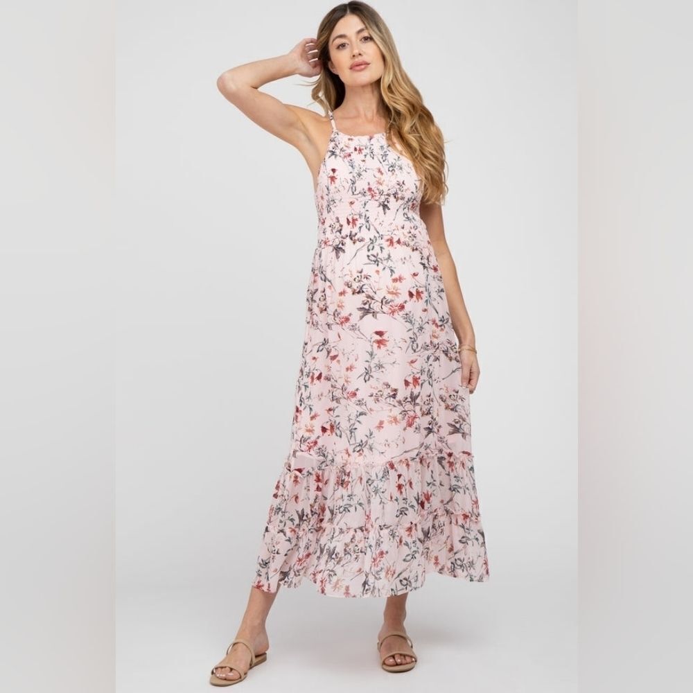 Pinkblush She + Sky Pink Floral Sleeveless High Neck Tiered Smocked Maxi Dress M